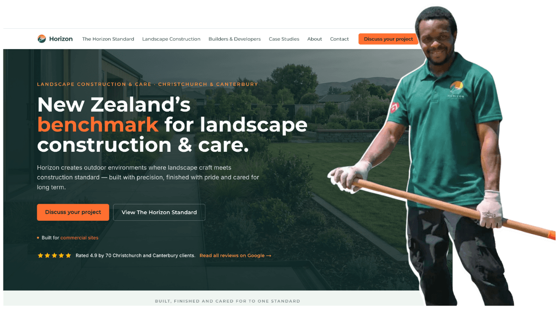The Horizon website's homepage, with a Horizon landscaper stepping out of the frame.
